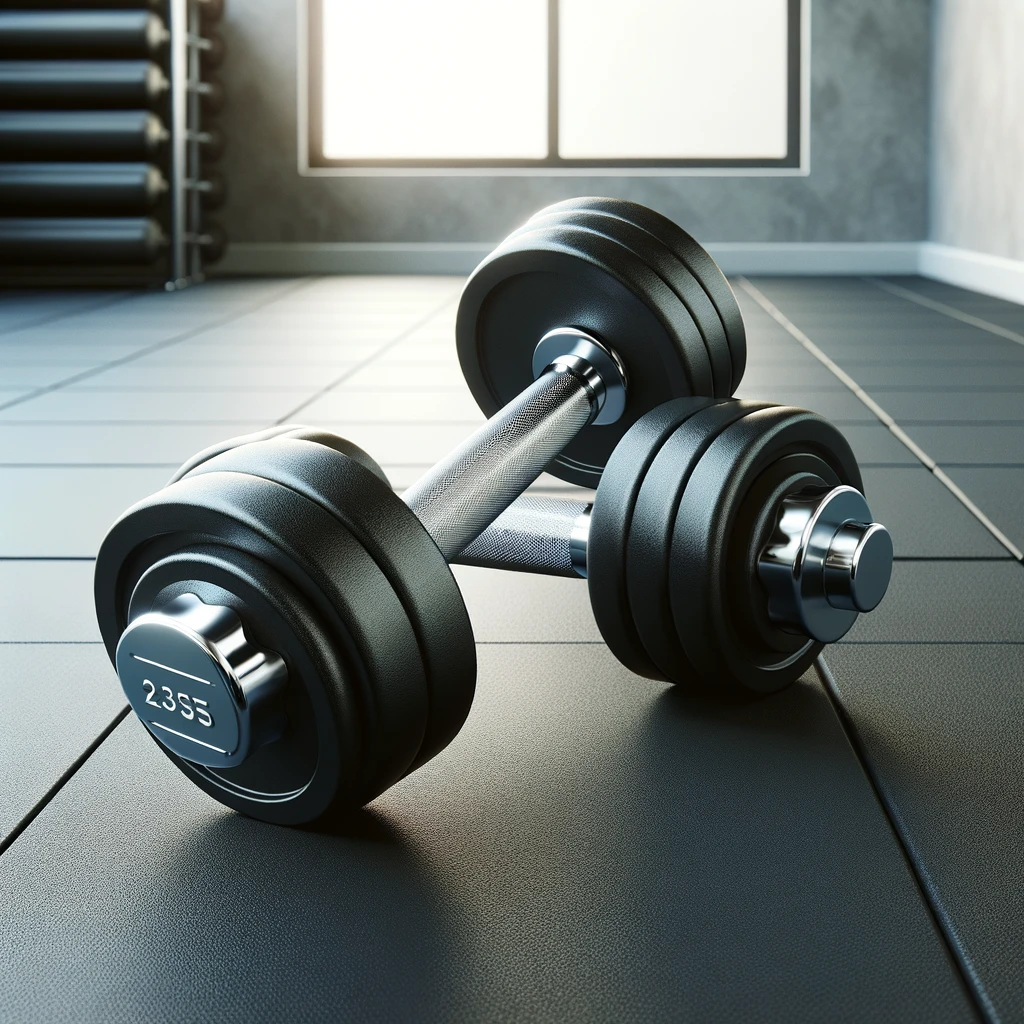 DALL·E 2024-02-29 15.08.50 - Create an illustration of two free weights, specifically dumbbells, on a gym floor. The dumbbells should have a sleek, modern design with chrome handl
