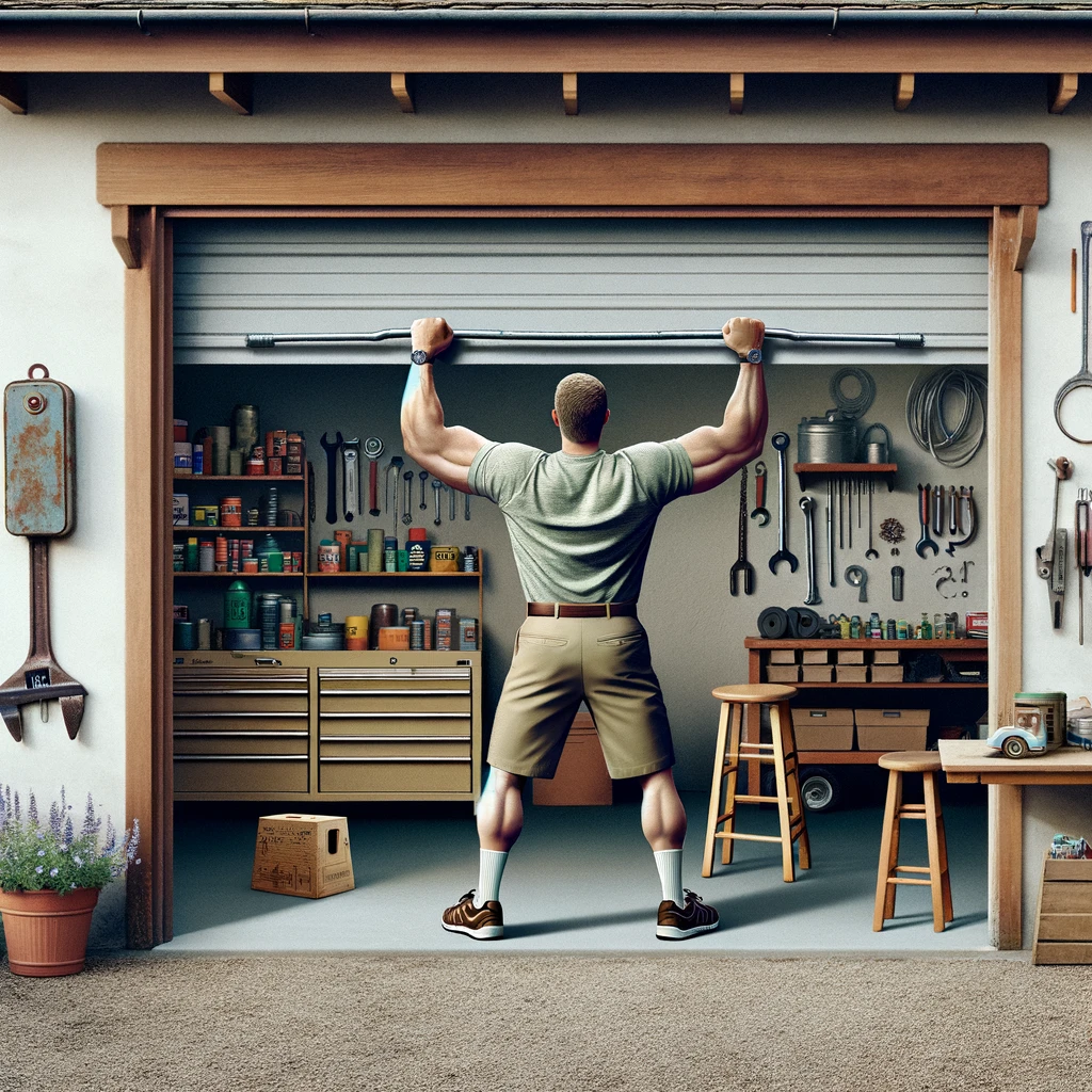 DALL·E 2024-02-29 15.17.30 - Create an illustration of an average-built man, without prominent muscles, holding up a partially open garage door. The man is positioned under the ga
