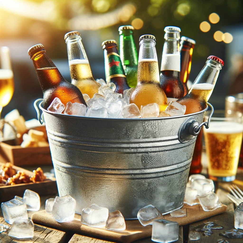DALL·E 2024-02-29 15.39.31 - Create an illustration of several beer bottles chilling in an ice bucket. The scene is set outdoors, perhaps on a wooden table during a sunny day, to
