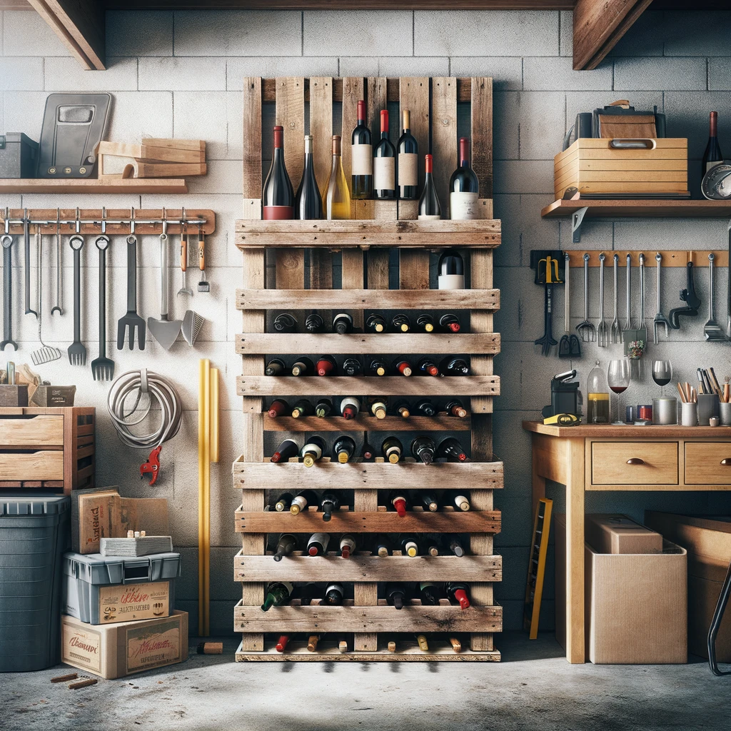 DALL·E 2024-02-29 15.55.21 - Illustrate a wine rack made from an old wooden pallet, now placed in a garage setting. The wine rack retains its rustic charm and simplicity, mounted