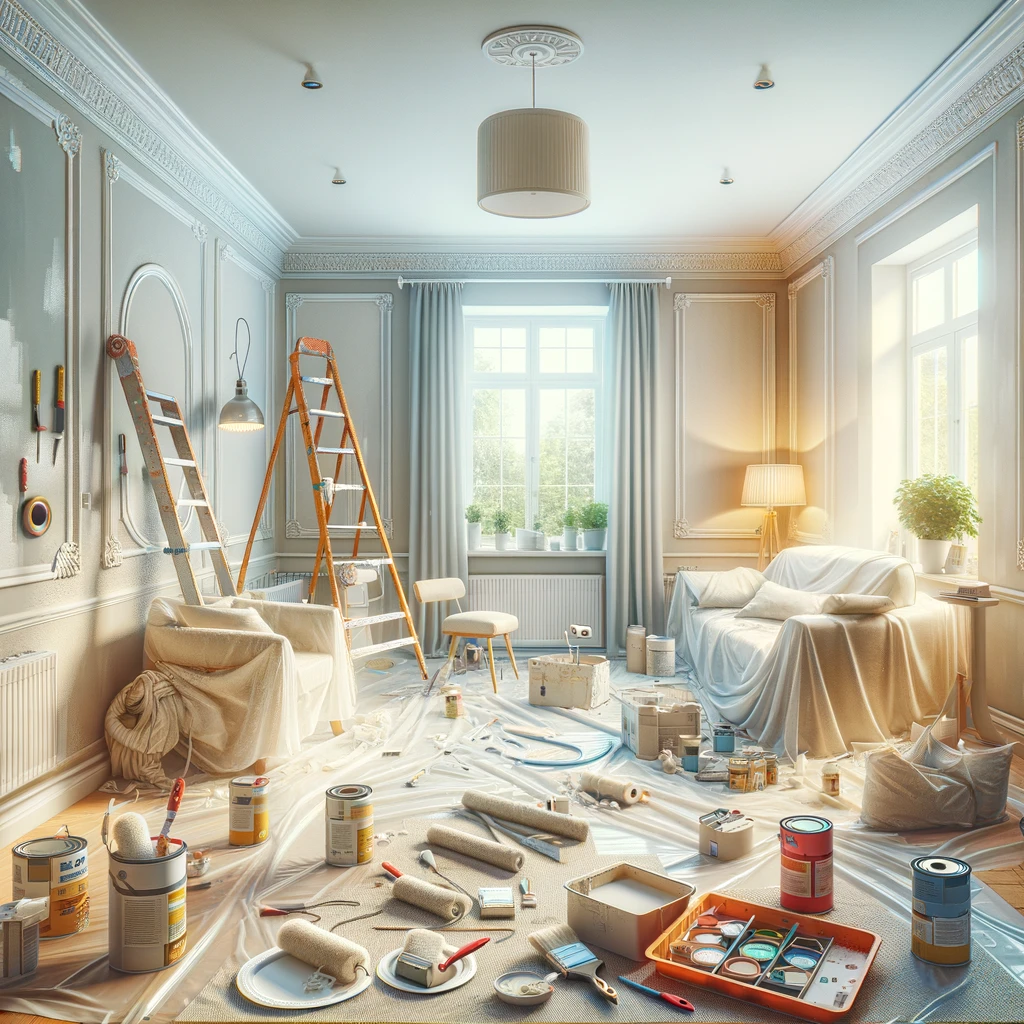DALL·E 2024-02-29 17.03.32 - Create a highly detailed illustration of a home improvement DIY project in progress. The scene should depict a spacious, well-lit room undergoing reno